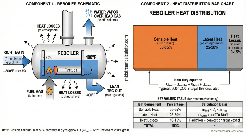 Reboiler heat balance showing sensible heat, latent heat, and heat losses